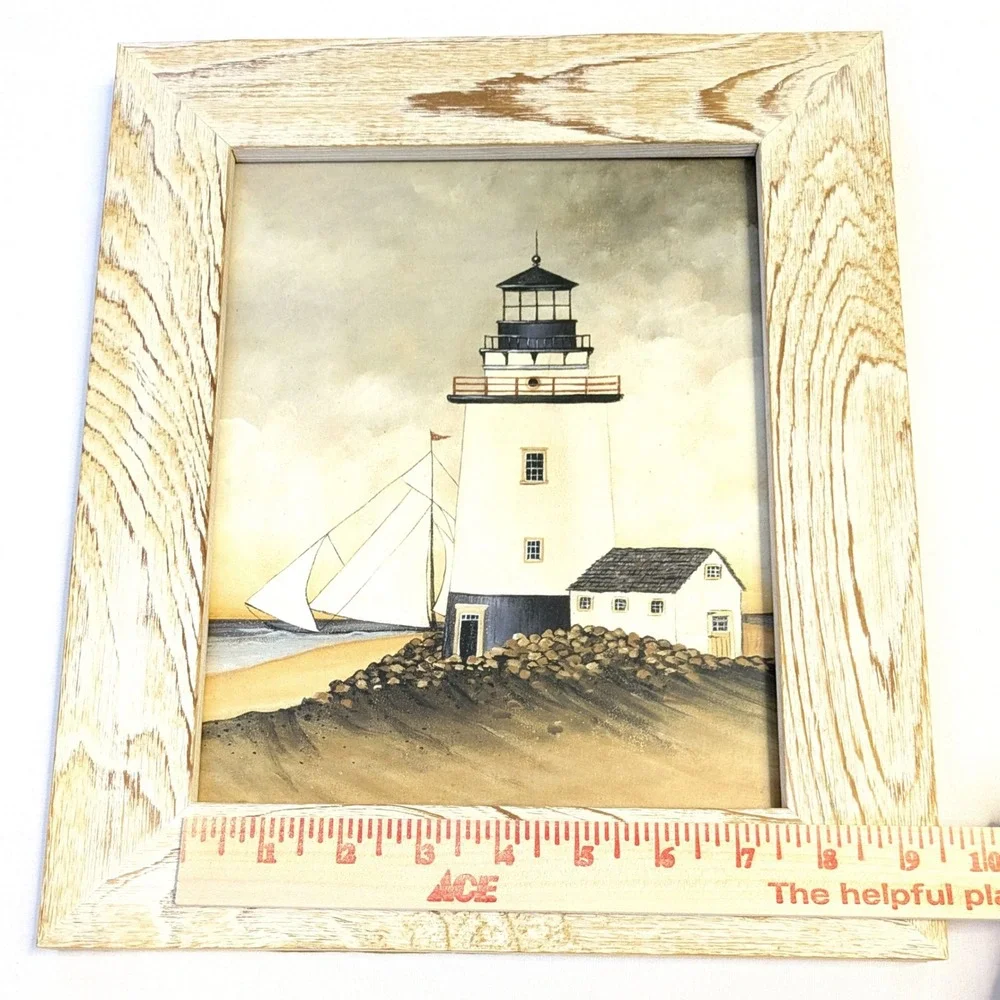 Coastal Lighthouse Framed Wall Art Print Nautical Sailboat Wood Frame